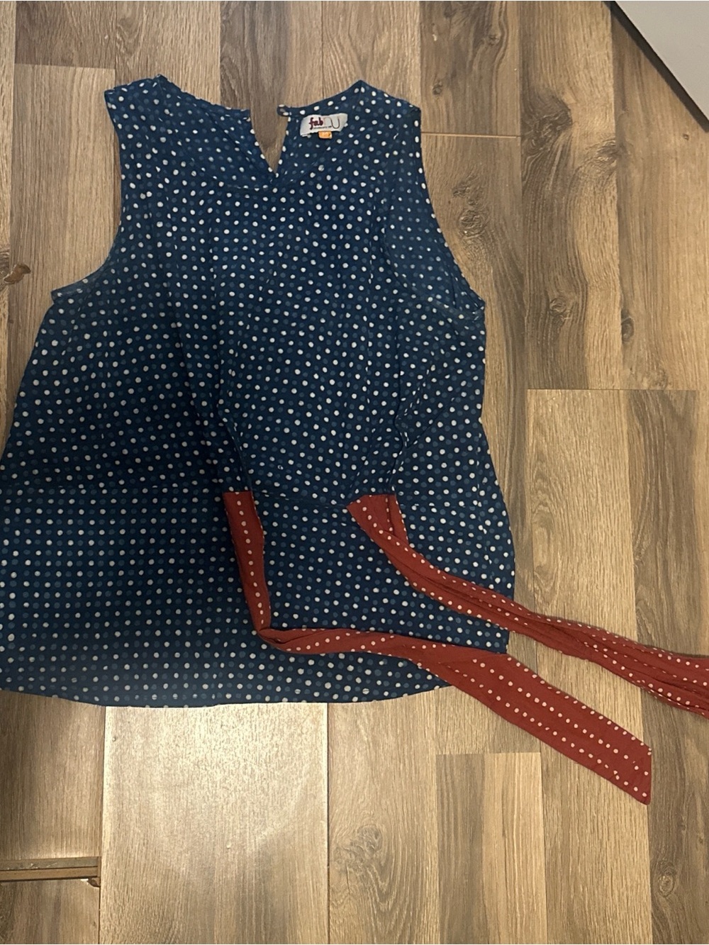 Vintage Navy Polka Dot Sleeveless Top with Red Tie Detail